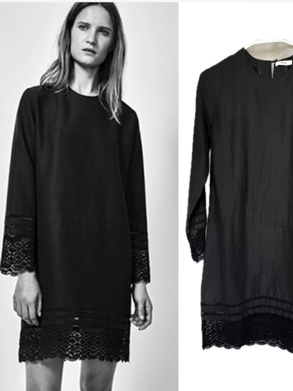 Matin Silk Linen Black Crewneck Long Sleeve Mini Dress AU 8 US S (4)